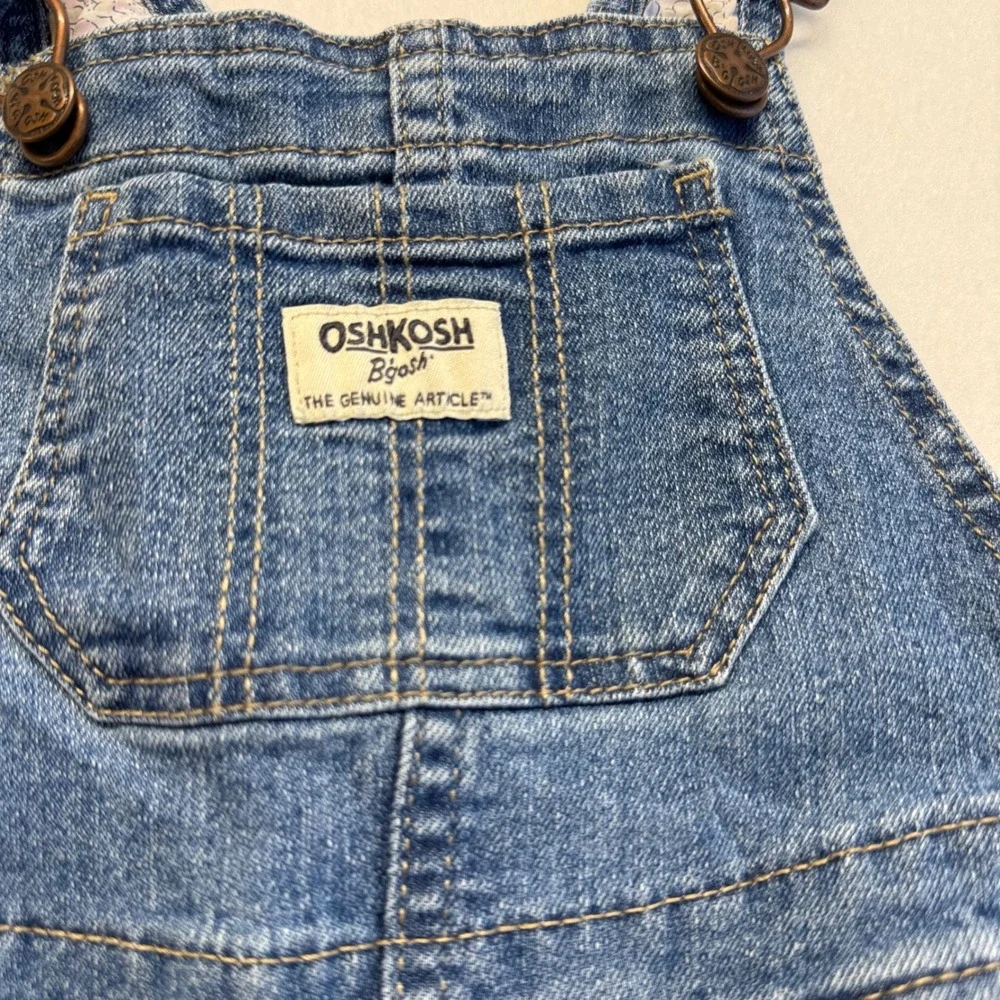 OshKosh B'gosh Girls Blue Denim Floral Lined Ruffle Trim Bib Overalls Size 2T
